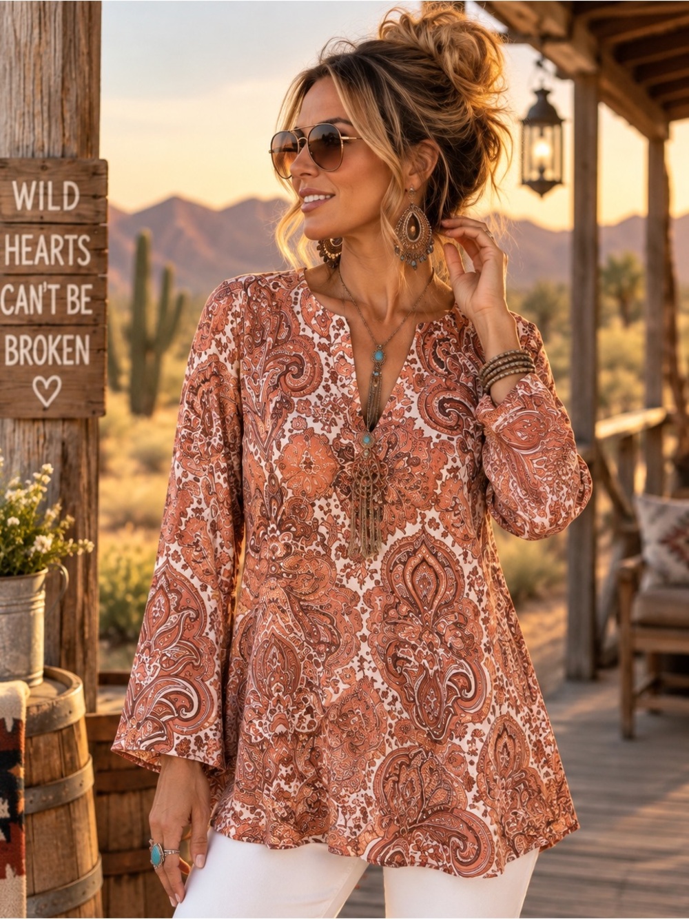 Giorgio Fiorlini Paisley Tunic L | Rust Cream Boho V-Neck Bell Sleeve Top